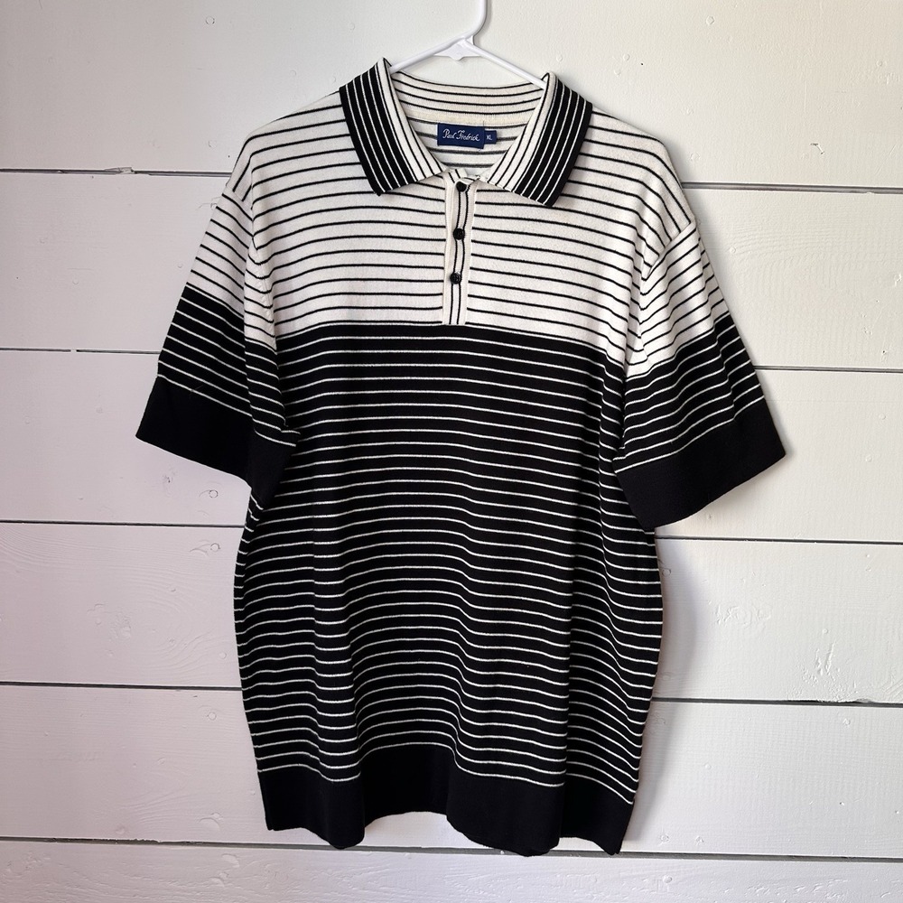 Paul Frederick Sweater Polo XL Black White Striped Cotton Retro‎ Hipster Preppy
